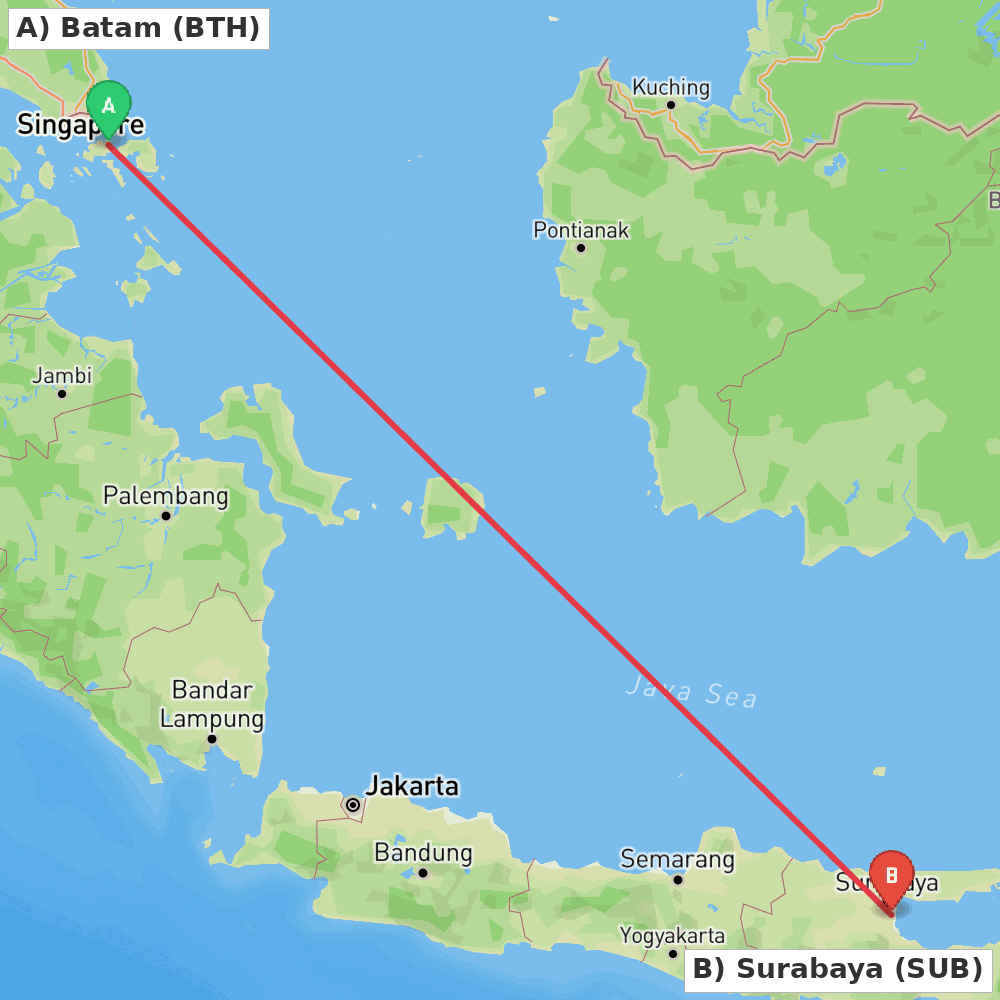 Flight route map from Batam to Surabaya