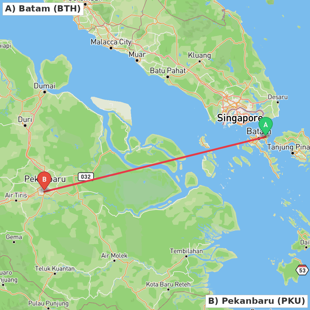 Flight route map from Batam to Pekanbaru