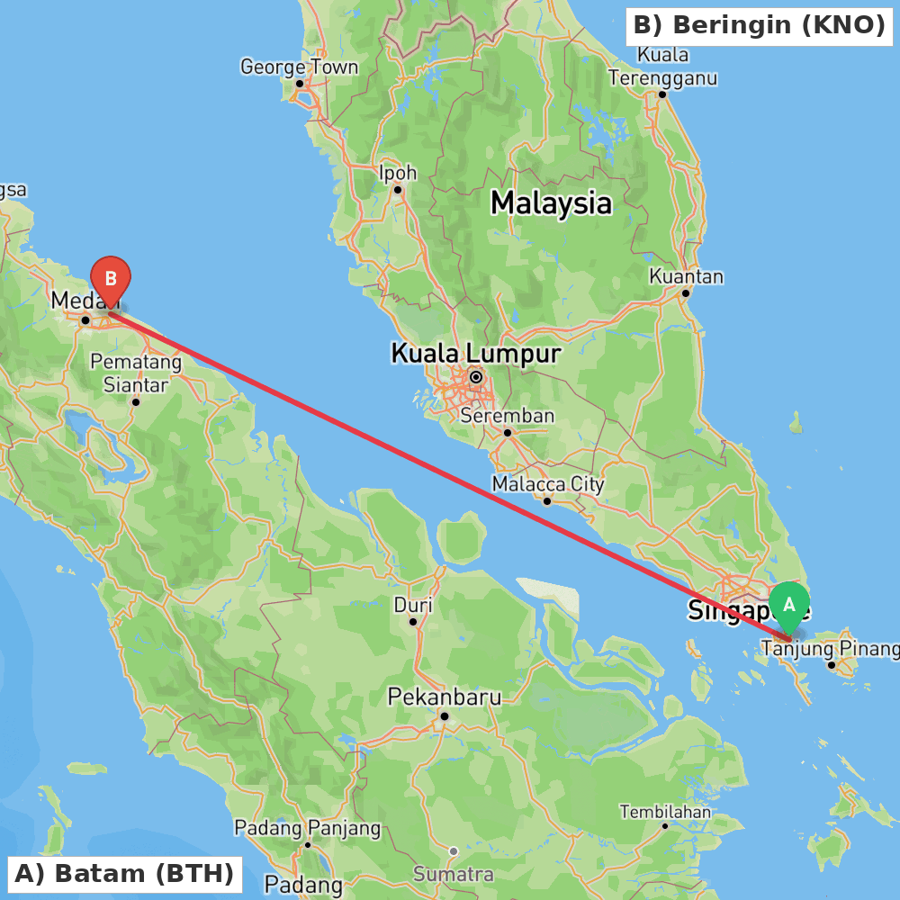 Flight route map from Batam to Beringin