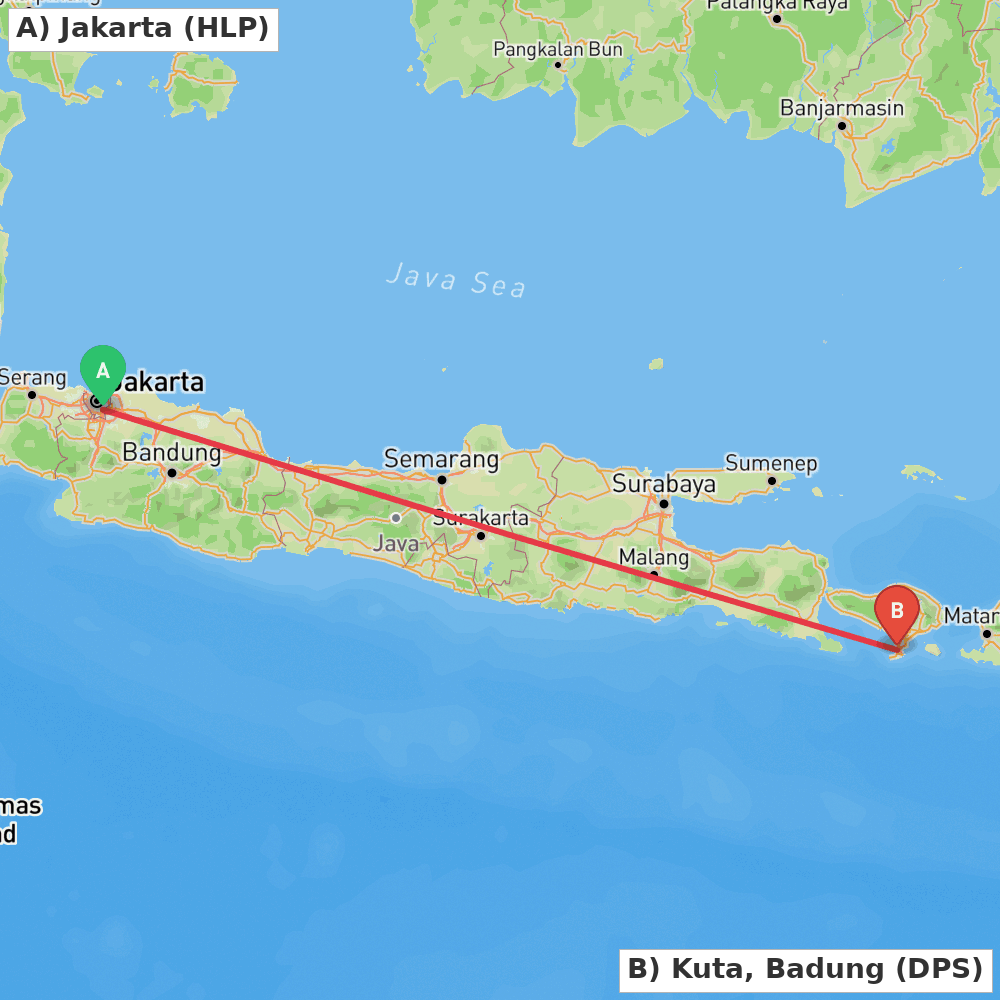 Flight route map from Jakarta to Kuta, Badung