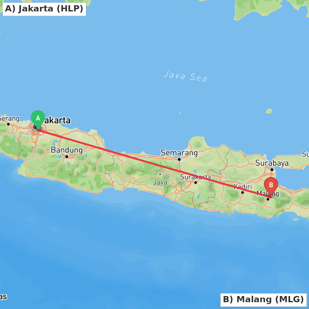 Flight route map from Jakarta to Malang