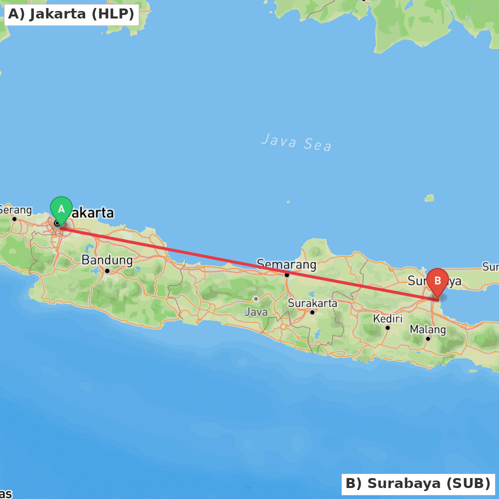 Flight route map from Jakarta to Surabaya