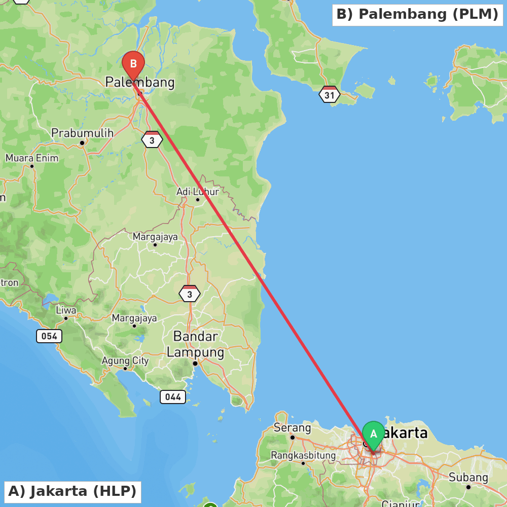Flight route map from Jakarta to Palembang