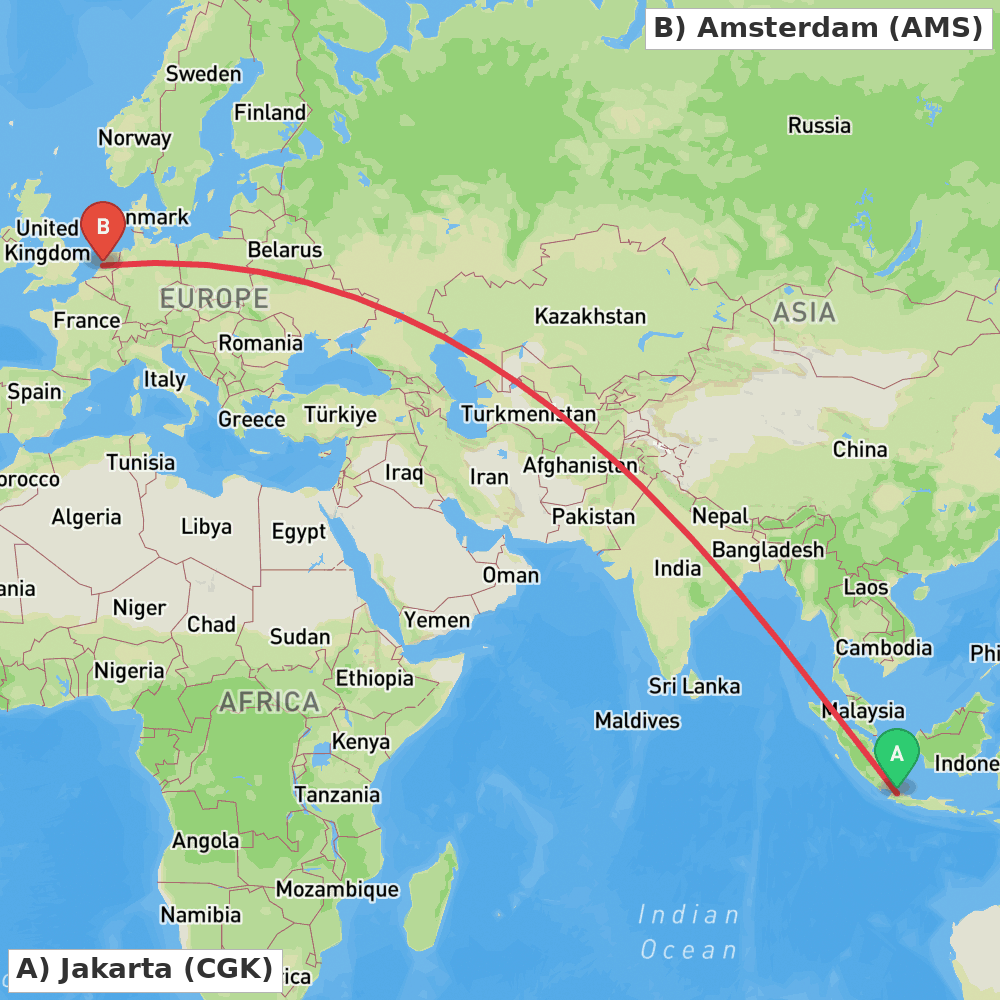 Flight route map from Jakarta to Amsterdam