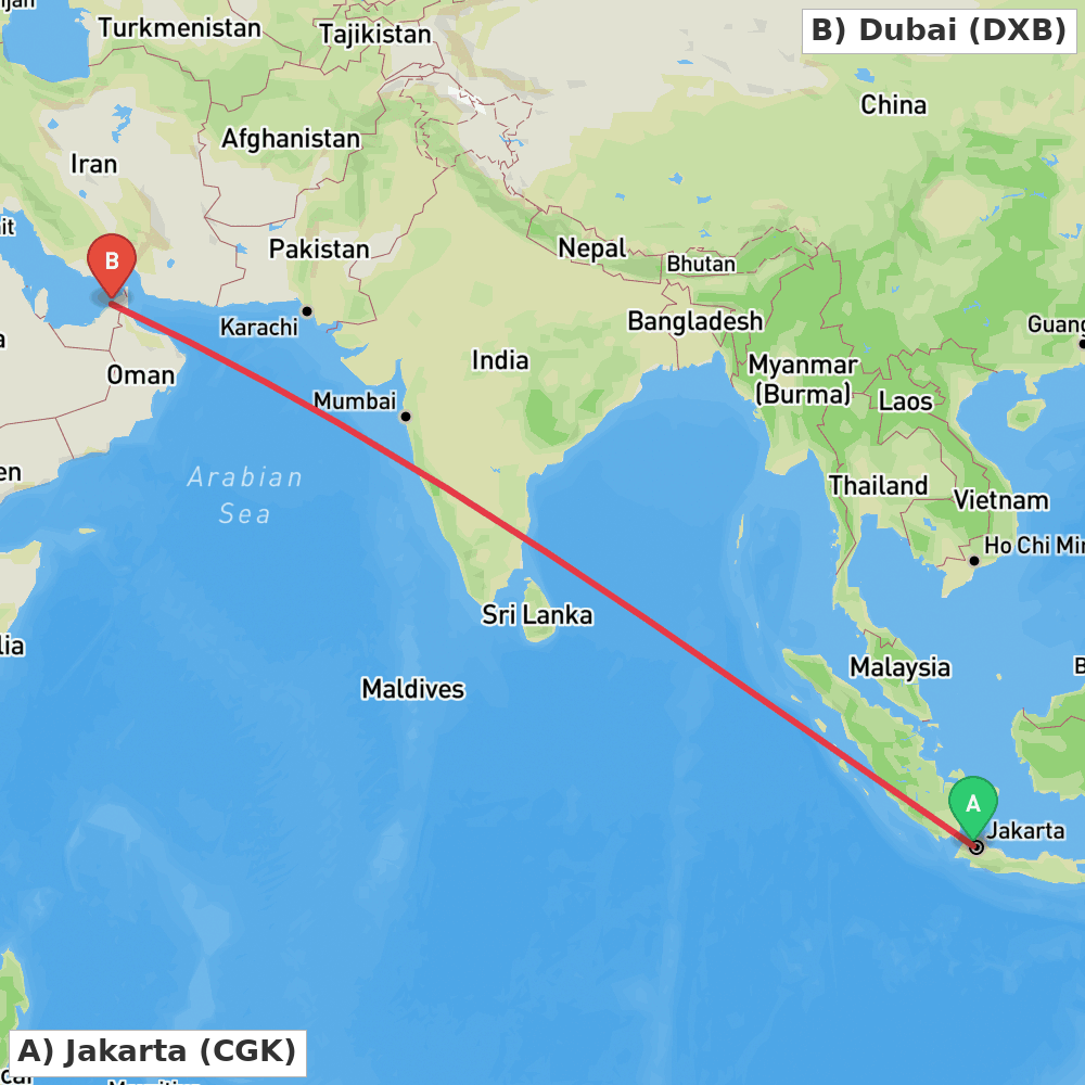 Flight route map from Jakarta to Dubai