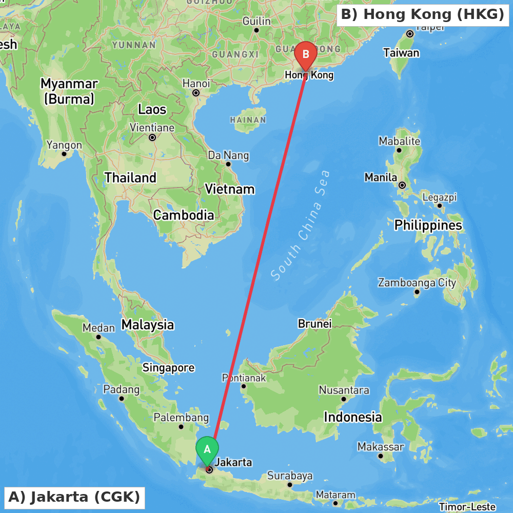 Flight route map from Jakarta to Hong Kong