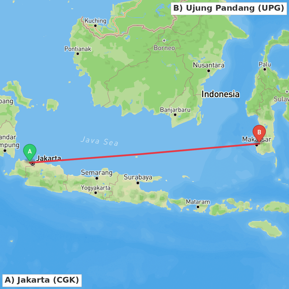 Flight route map from Jakarta to Ujung Pandang