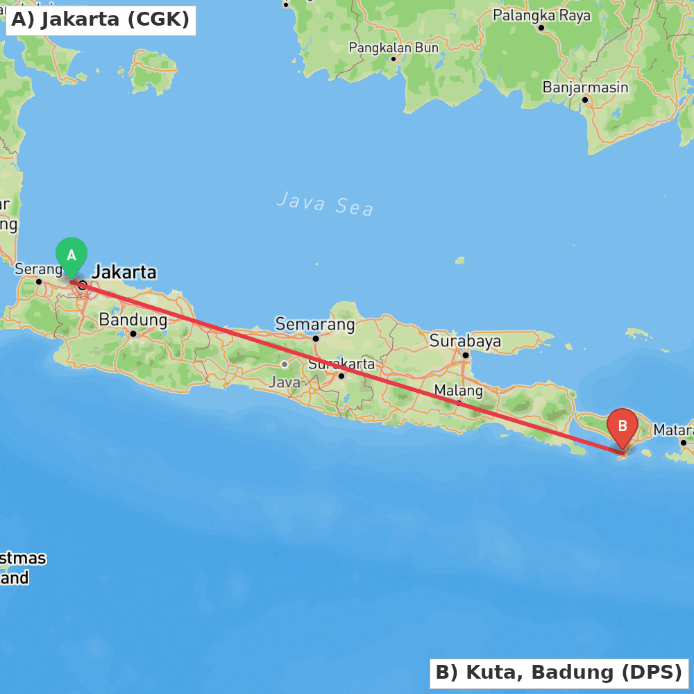 Flight route map from Jakarta to Kuta, Badung