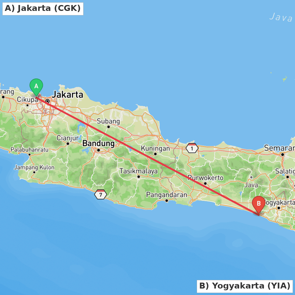 Flight route map from Jakarta to Yogyakarta