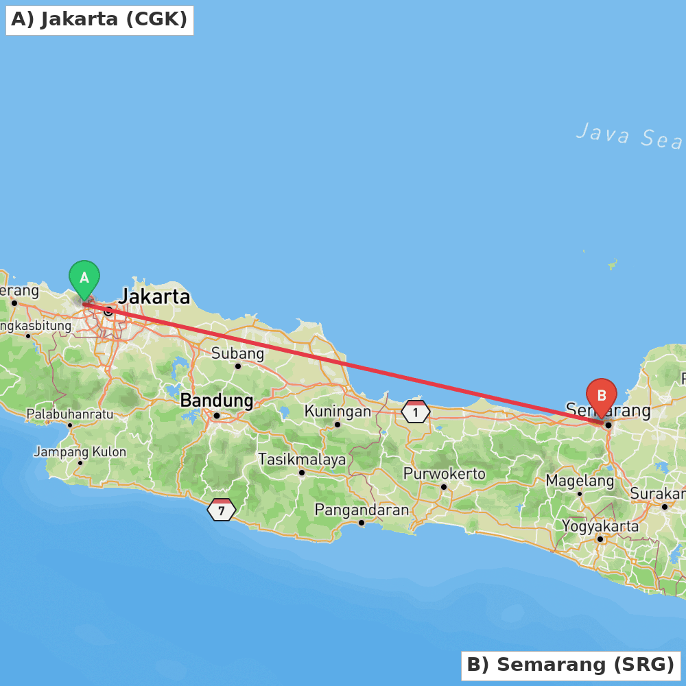 Flight route map from Jakarta to Semarang