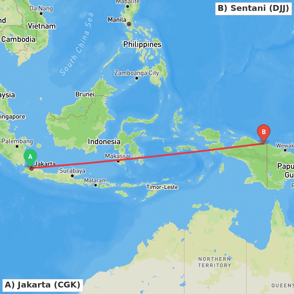 Flight route map from Jakarta to Sentani