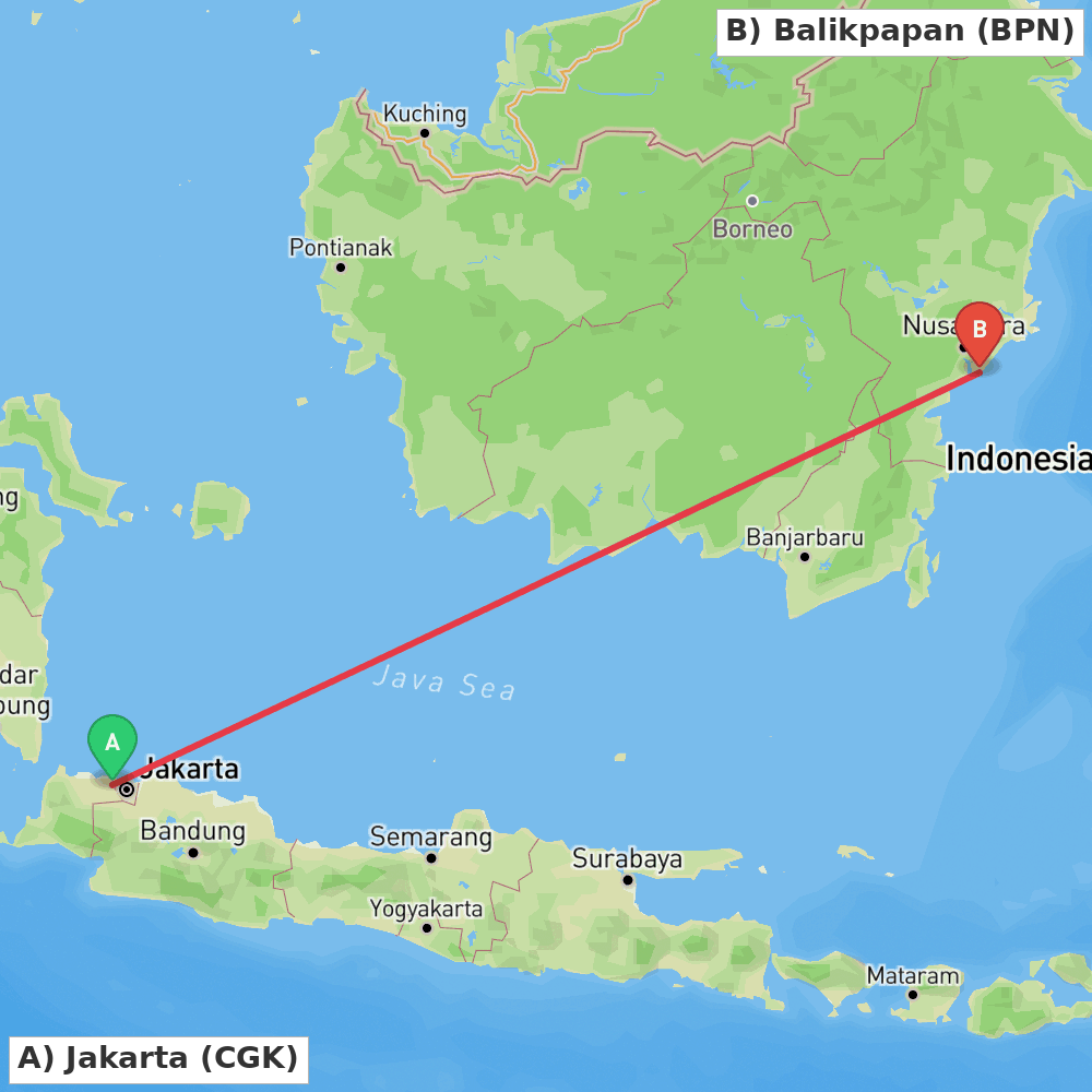 Flight route map from Jakarta to Balikpapan