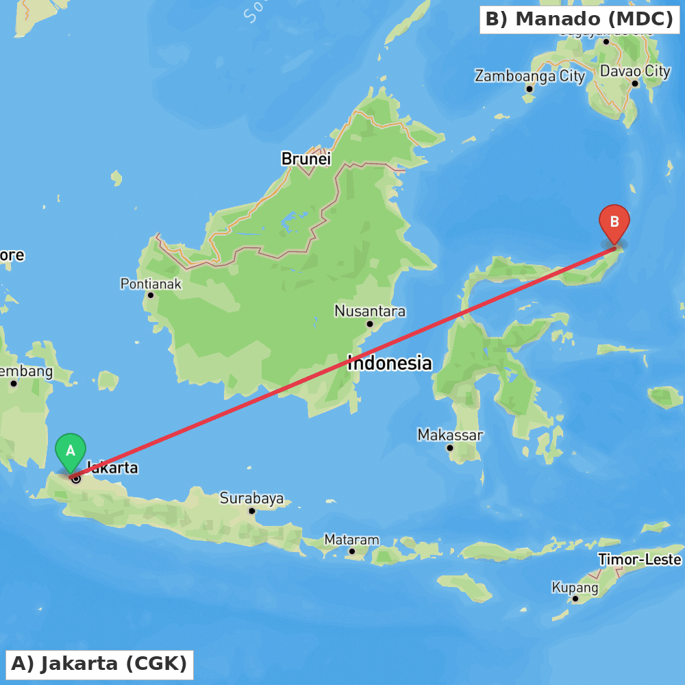 Flight route map from Jakarta to Manado