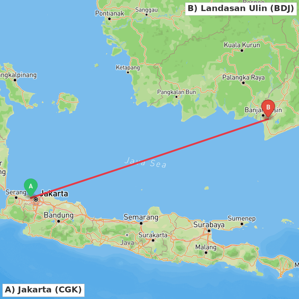 Flight route map from Jakarta to Landasan Ulin