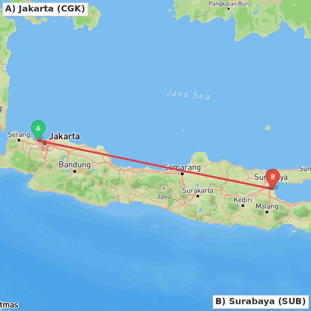 Flight route map from Jakarta to Surabaya