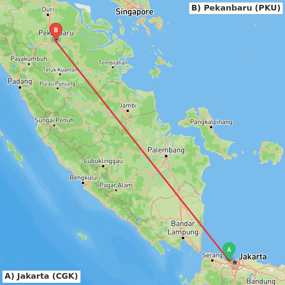 Flight route map from Jakarta to Pekanbaru