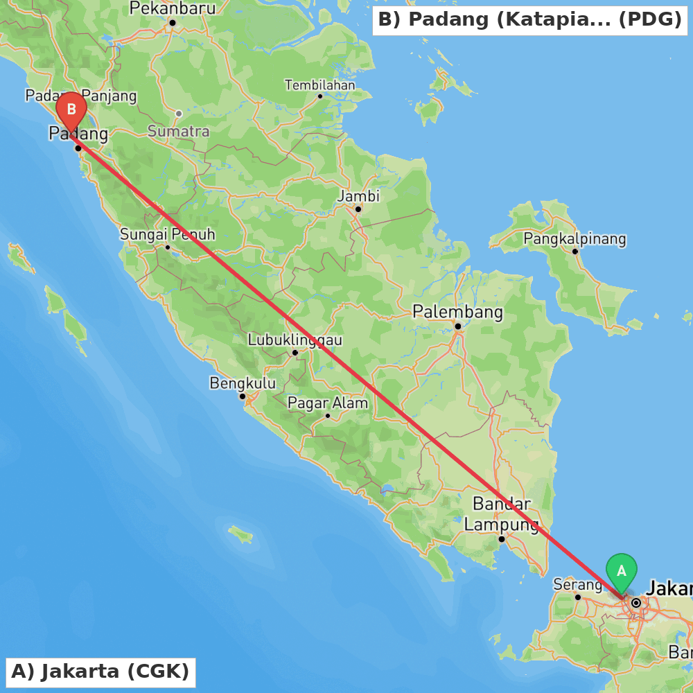 Flight route map from Jakarta to Padang (Katapiang)