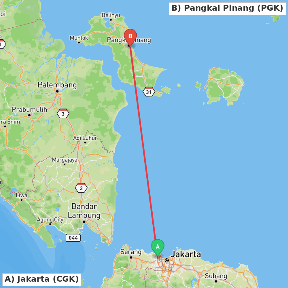 Flight route map from Jakarta to Pangkal Pinang