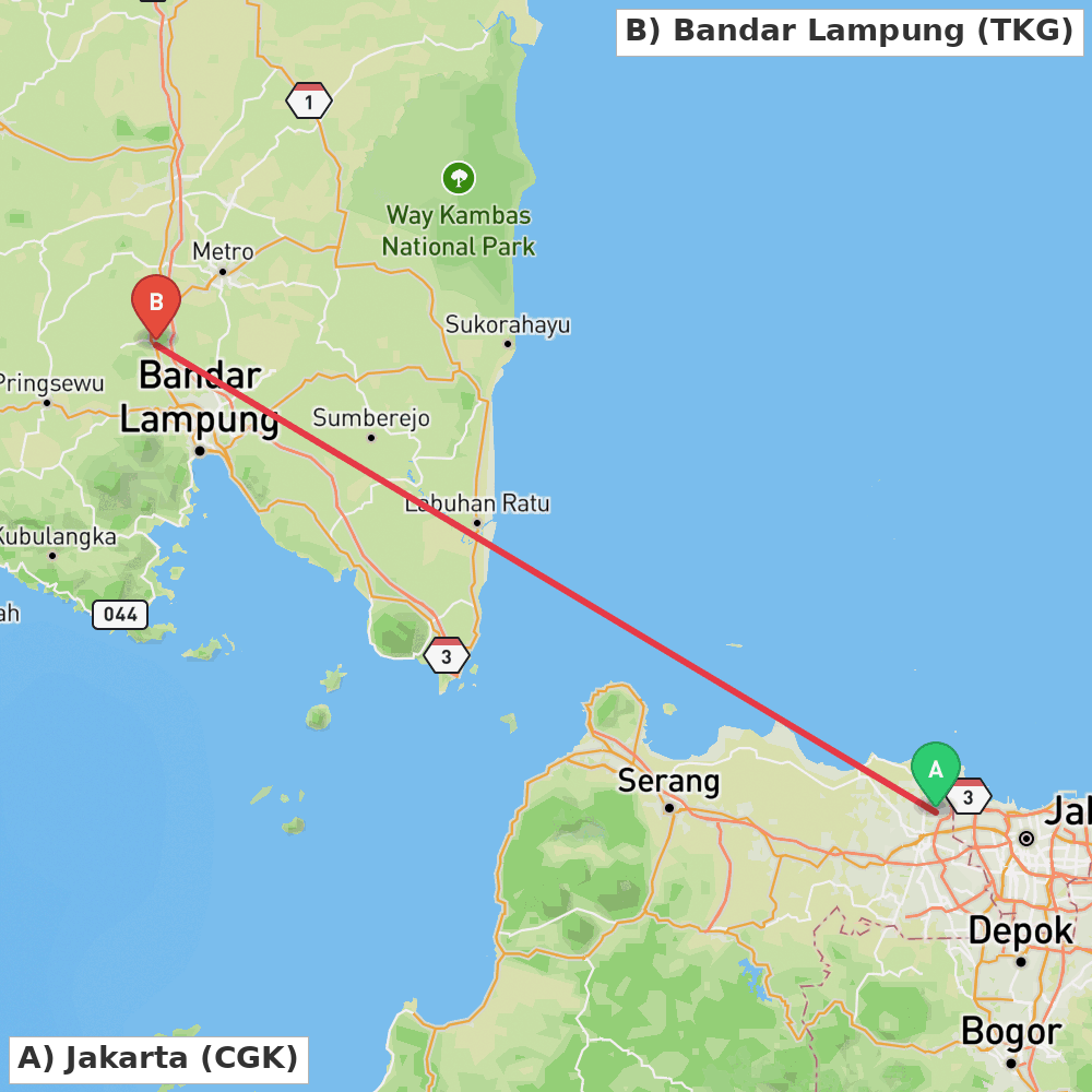 Flight route map from Jakarta to Bandar Lampung