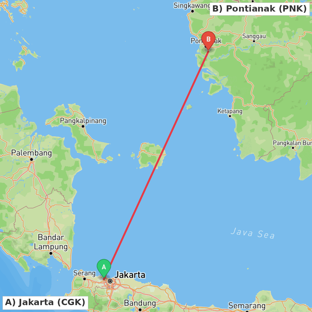 Flight route map from Jakarta to Pontianak