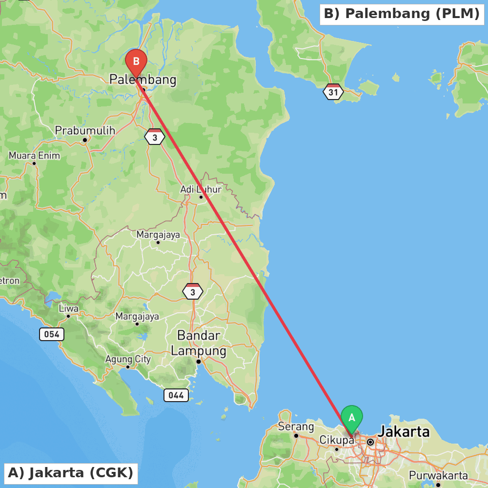 Flight route map from Jakarta to Palembang