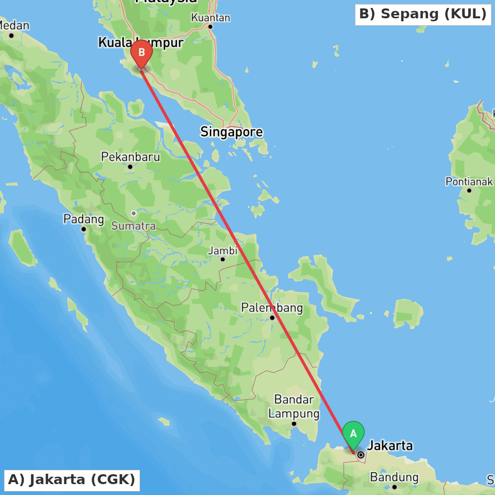 Flight route map from Jakarta to Sepang