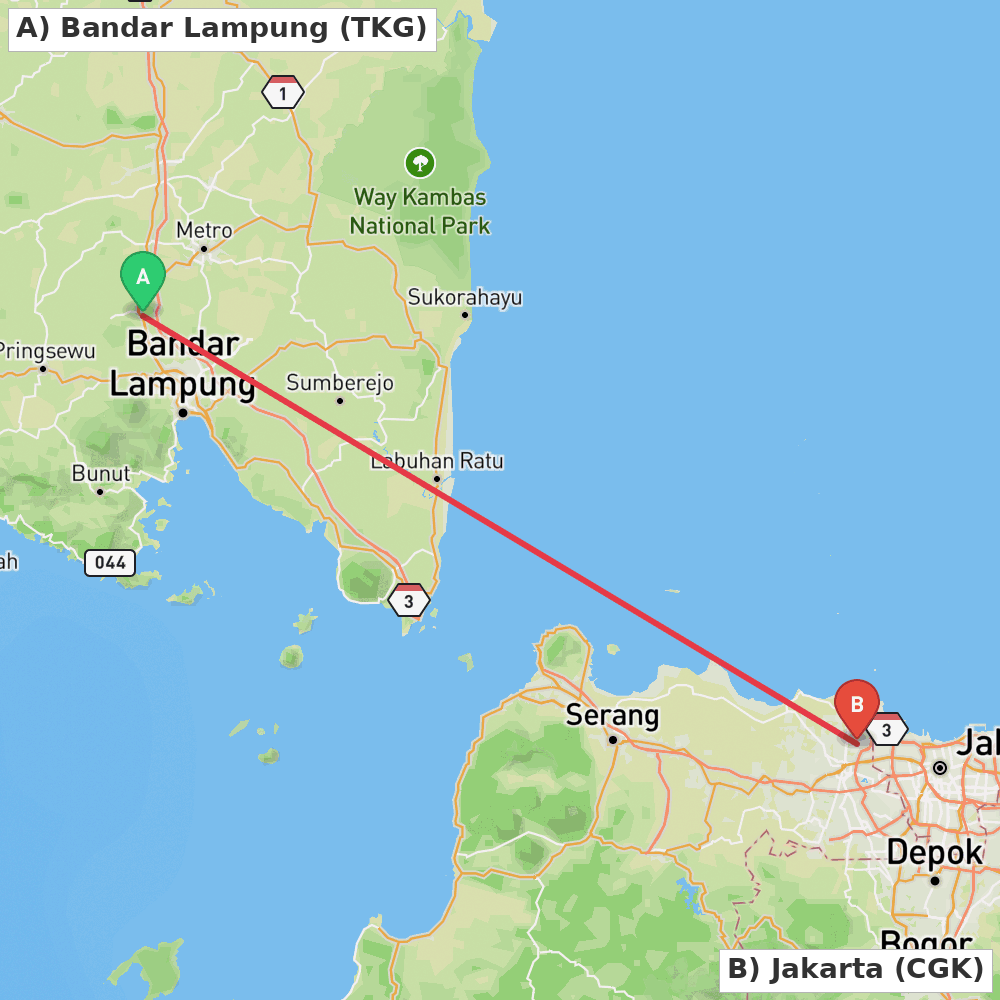 Flight route map from Bandar Lampung to Jakarta