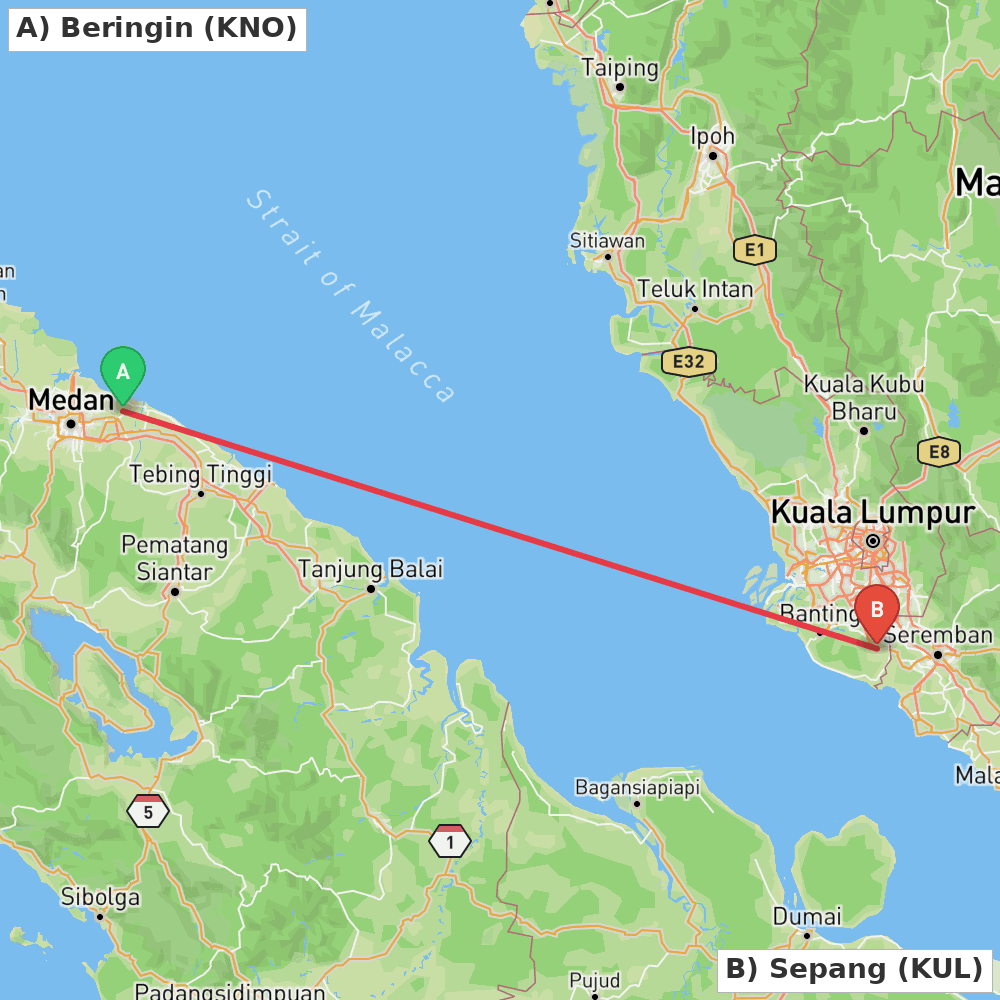 Flight route map from Beringin to Sepang