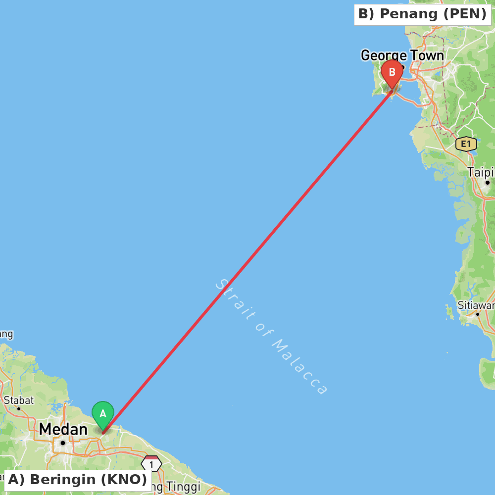Flight route map from Beringin to Penang