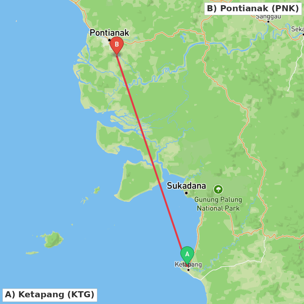Flight route map from Ketapang to Pontianak