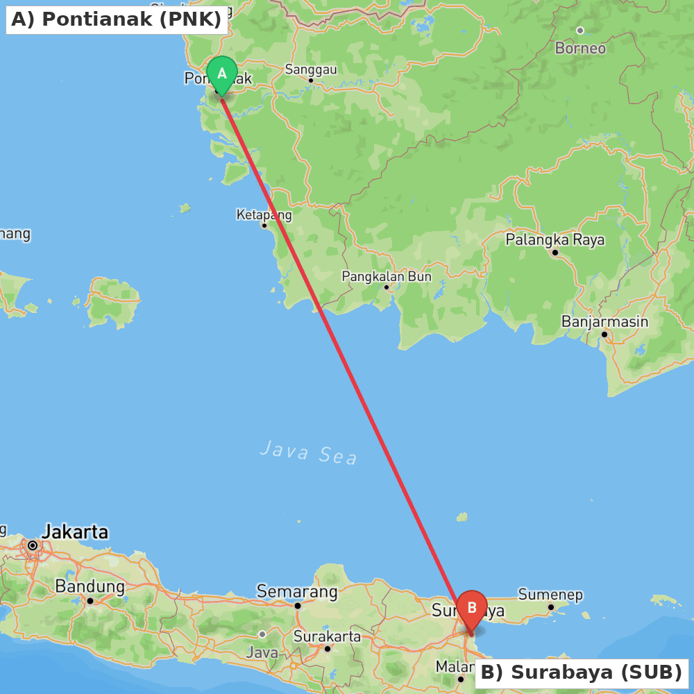 Flight route map from Pontianak to Surabaya