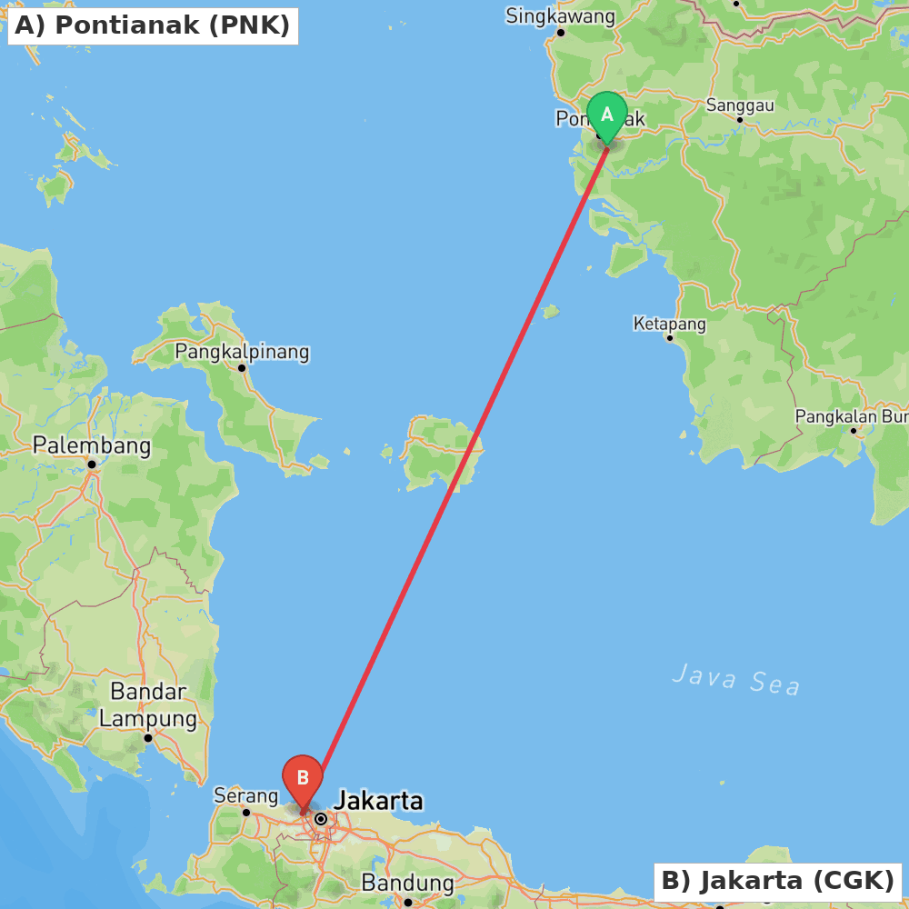 Flight route map from Pontianak to Jakarta