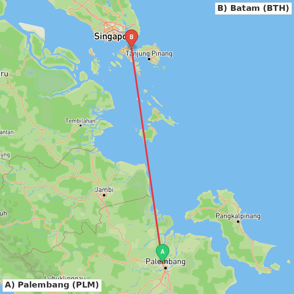 Flight route map from Palembang to Batam