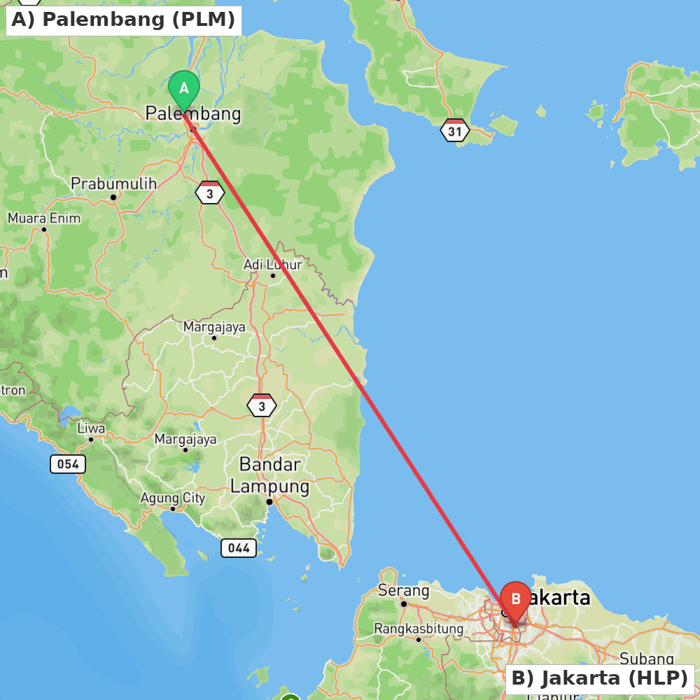 Flight route map from Palembang to Jakarta