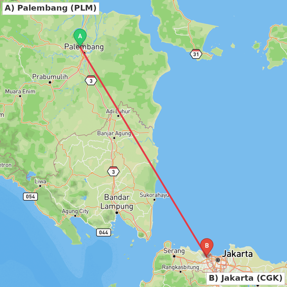 Flight route map from Palembang to Jakarta