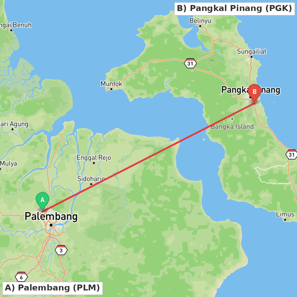 Flight route map from Palembang to Pangkal Pinang