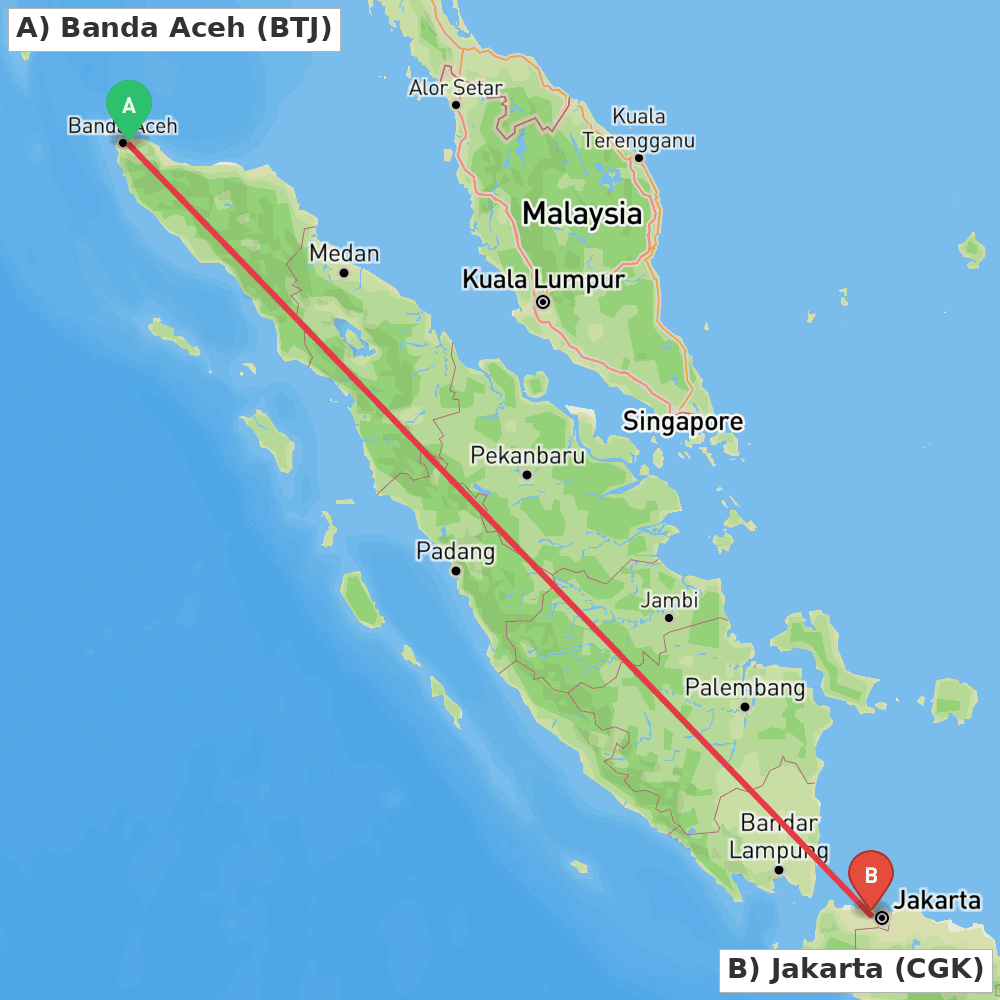 Flight route map from Banda Aceh to Jakarta