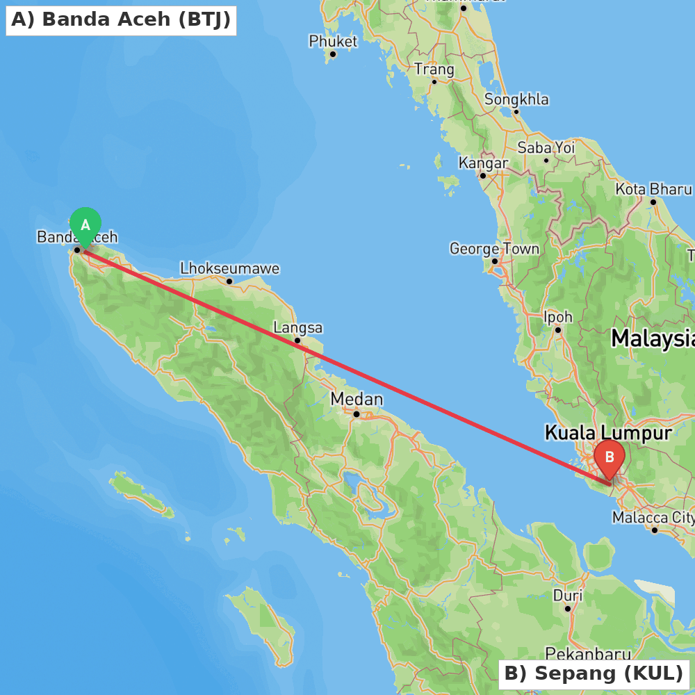 Flight route map from Banda Aceh to Sepang