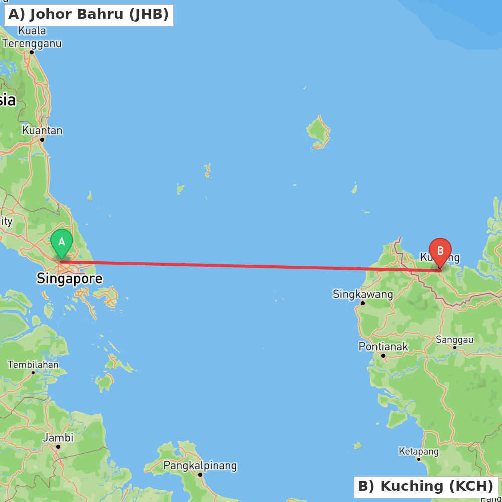Flight route map from Johor Bahru to Kuching