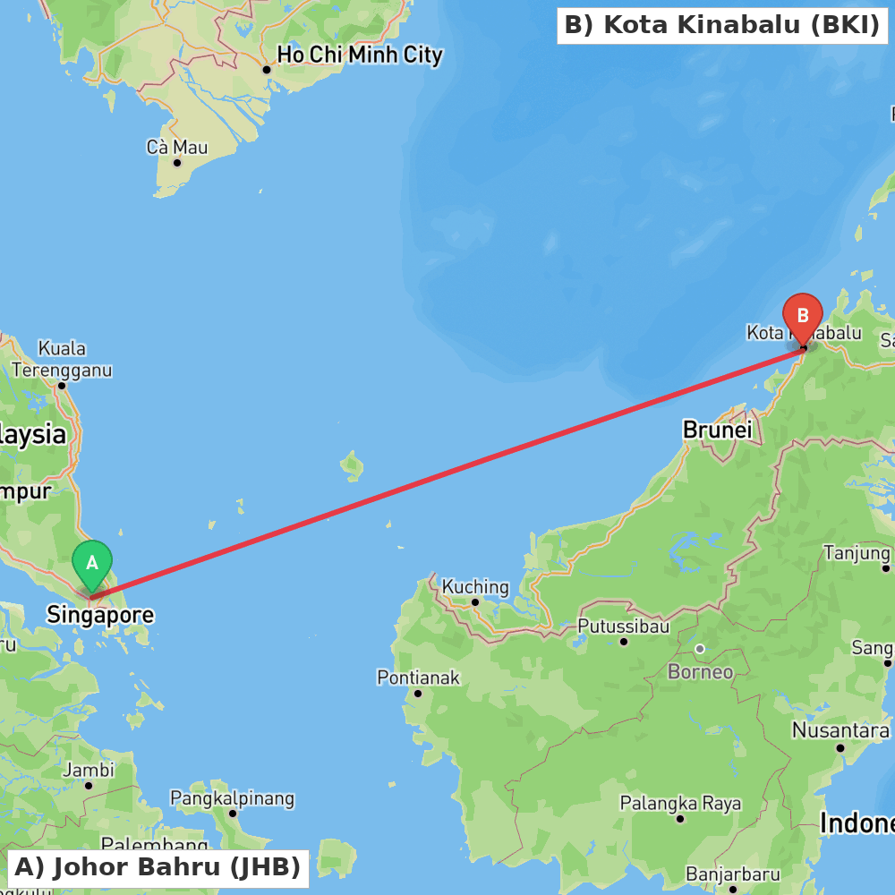 Flight route map from Johor Bahru to Kota Kinabalu