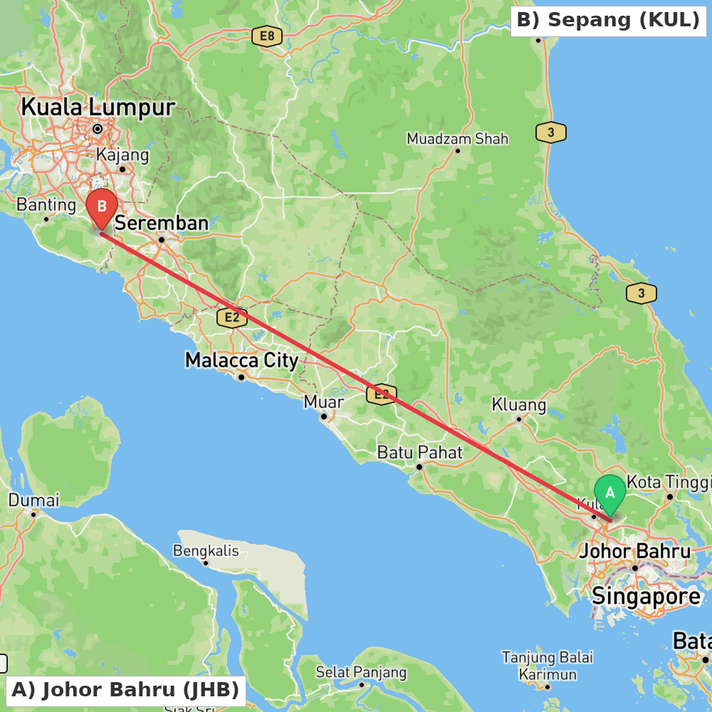 Flight route map from Johor Bahru to Sepang