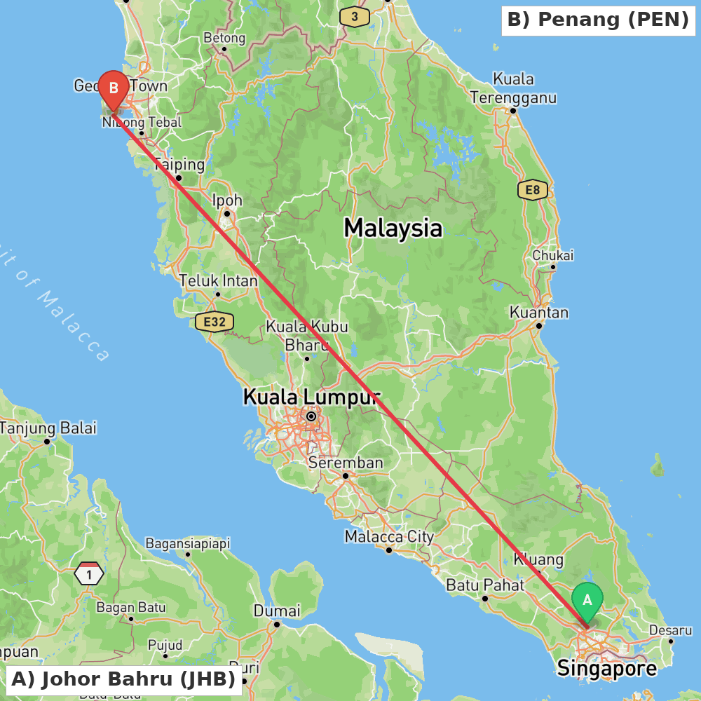 Flight route map from Johor Bahru to Penang