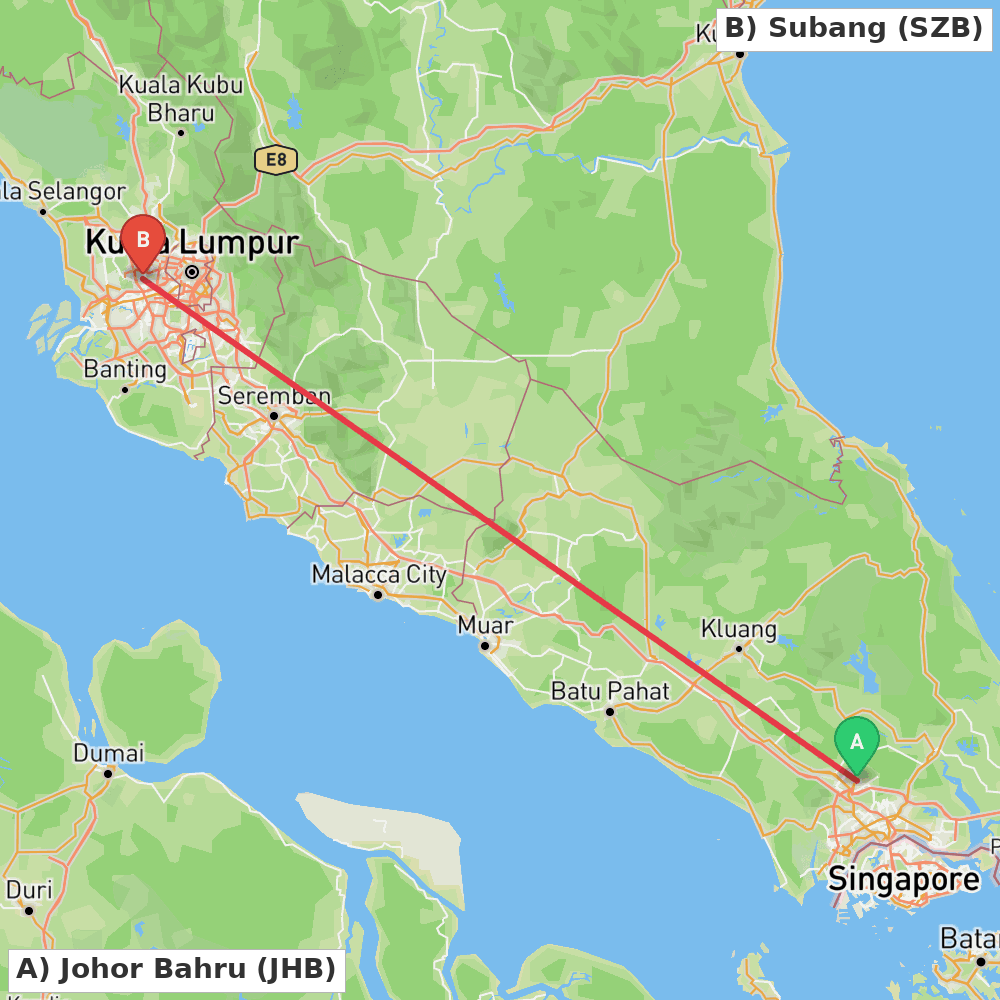 Flight route map from Johor Bahru to Subang