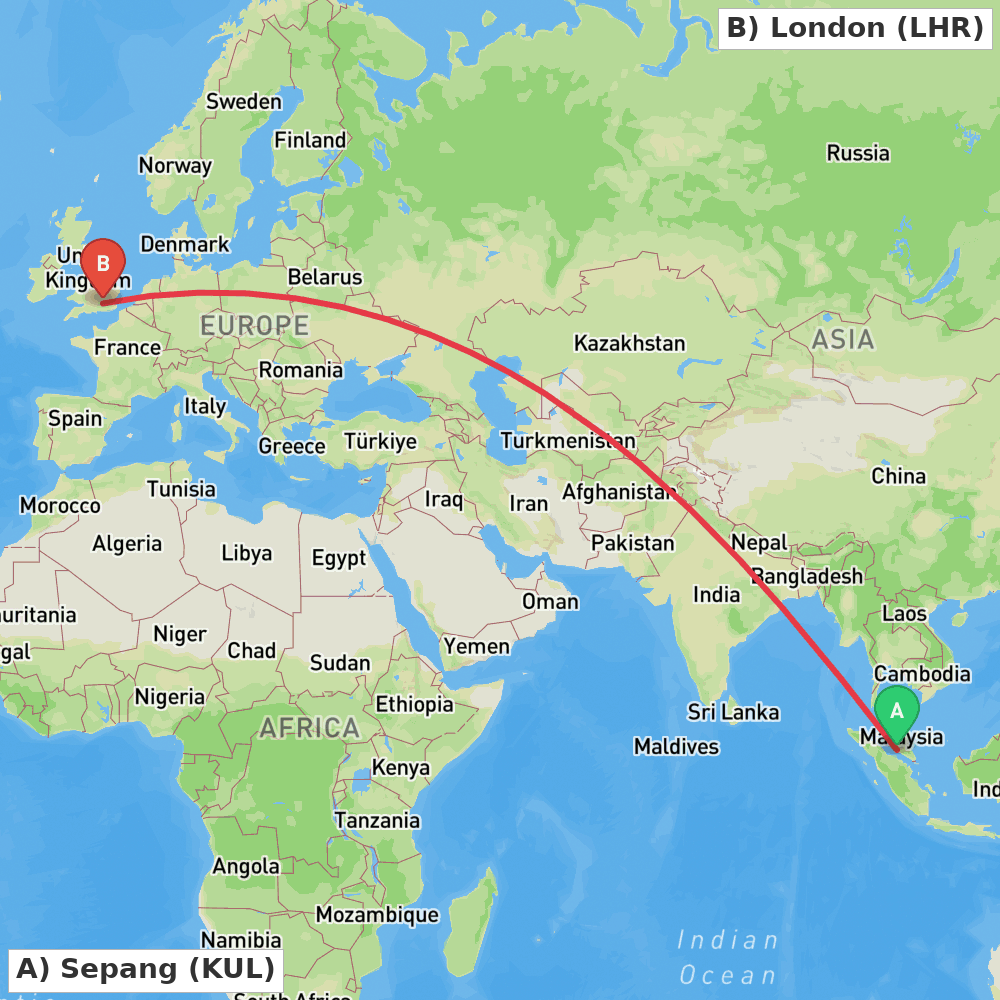 Flight route map from Sepang to London