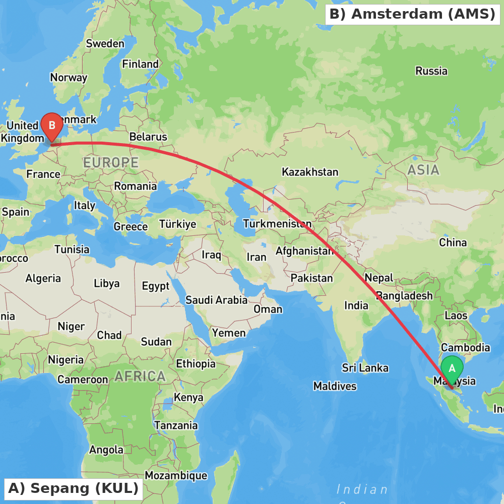 Flight route map from Sepang to Amsterdam
