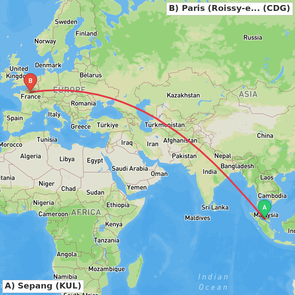 Flight route map from Sepang to Paris (Roissy-en-France, Val-d'Oise)