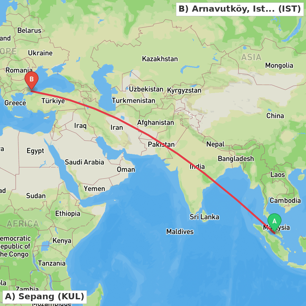 Flight route map from Sepang to Arnavutköy, Istanbul