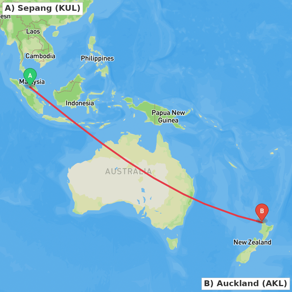 Flight route map from Sepang to Auckland