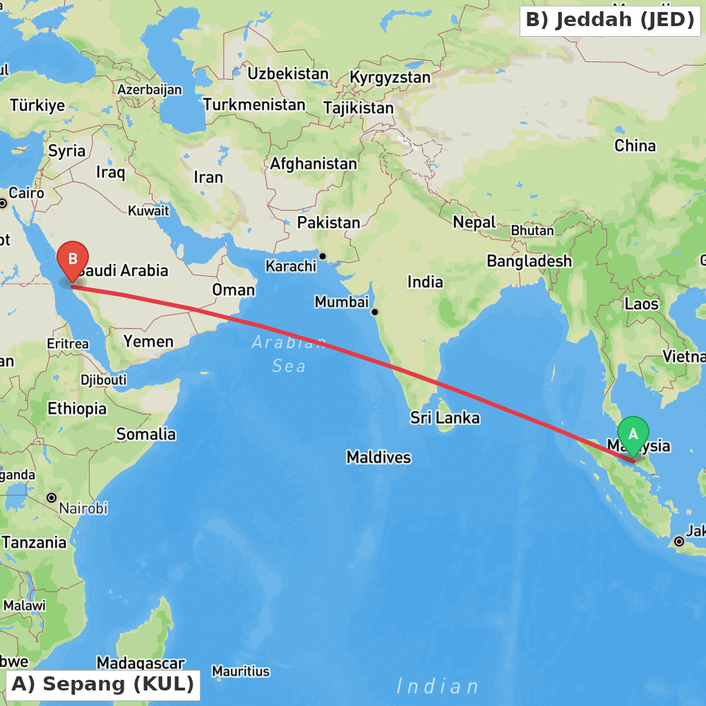 Flight route map from Sepang to Jeddah