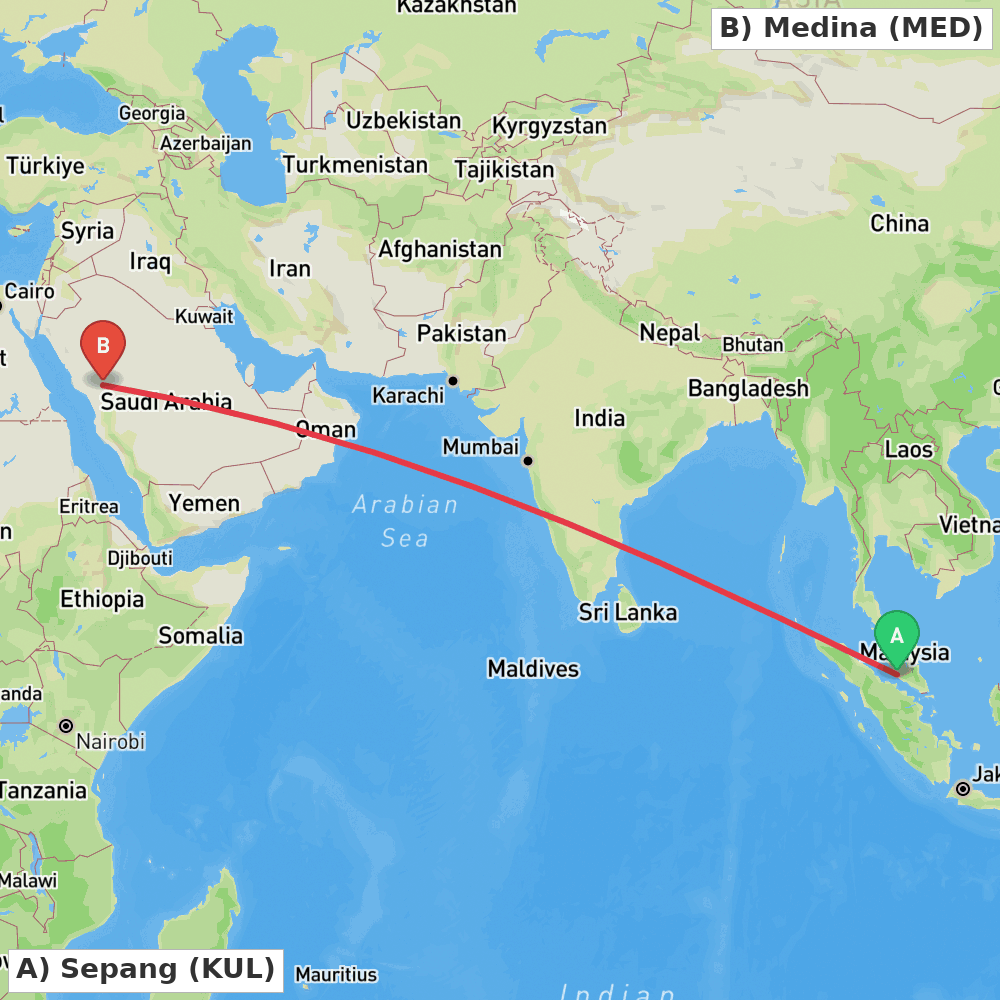 Flight route map from Sepang to Medina